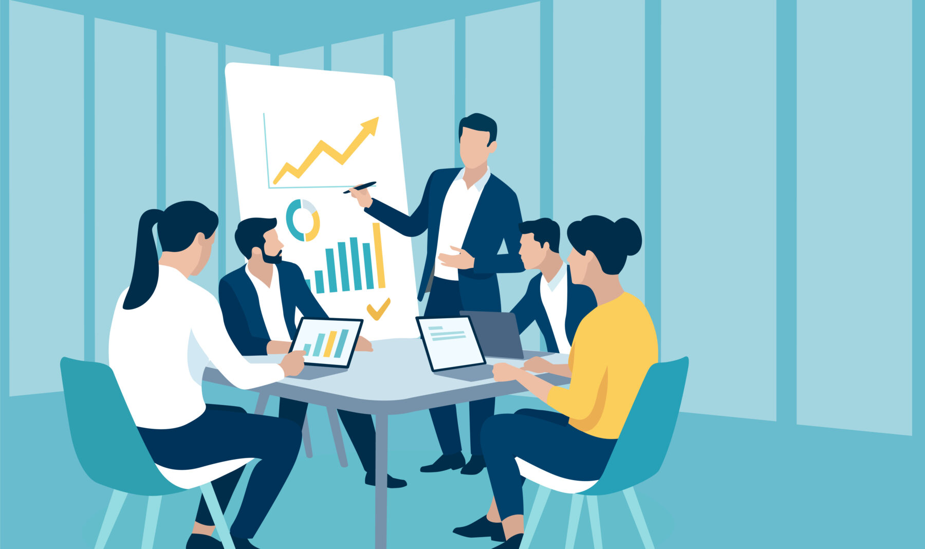 Presentation, education, learning business illustration. The business team listens to the leader, teacher. Strategi